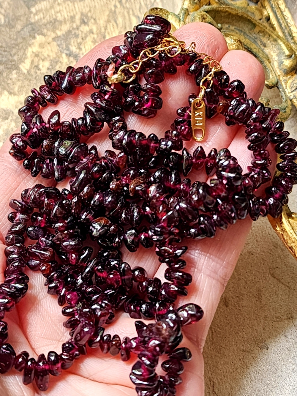 Garnet Necklace Chain 14K Gold Plated Clasp Dark Red Garnet Jewelry